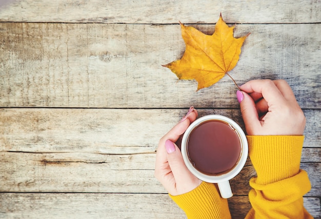 Una taza de té y un fondo acogedor de otoño. Enfoque selectivo