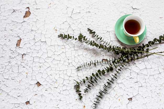 Taza de té con fondo floral