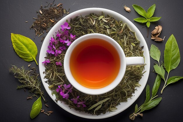 Taza de té en un fondo de hierbas de té vista de arriba