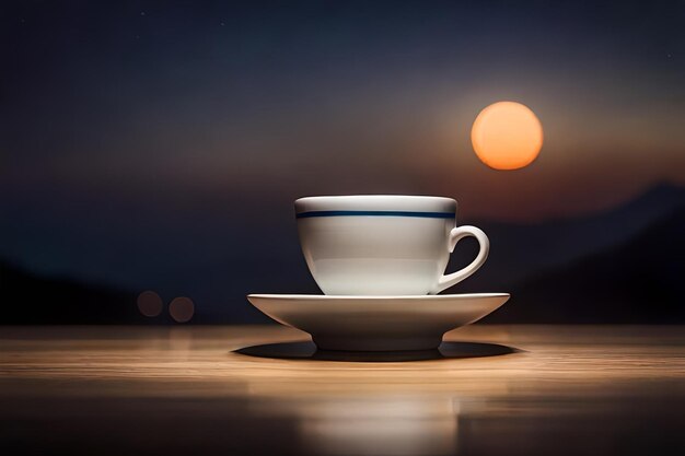 una taza de té con una franja azul en ella se sienta en una mesa