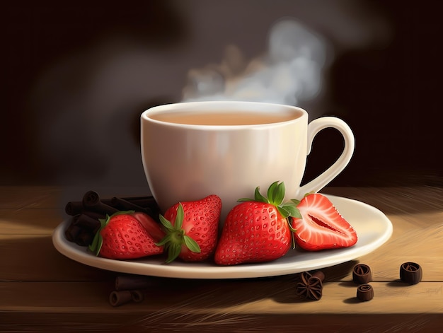 Una taza de té con fresas y chocolate en un plato.