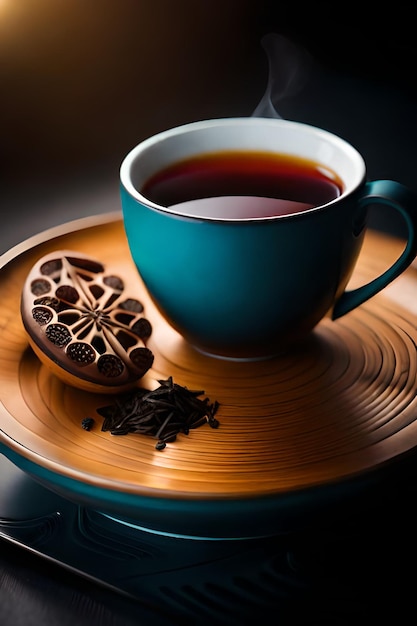 Una taza de té y una galleta en un plato