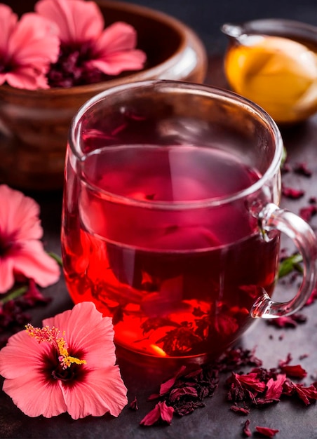 una taza de té de hibisco con enfoque selectivo