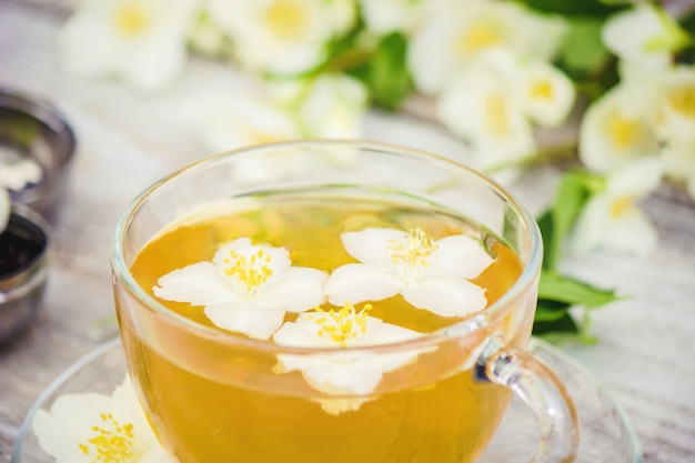 Taza de té de hierbas con flores de jazmín. enfoque selectivo