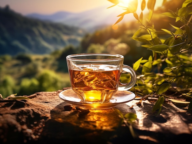 Foto taza de té con hoja de té en la mesa de madera y las plantaciones de té