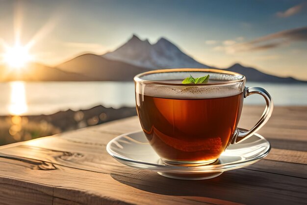 Una taza de té con una hoja verde encima