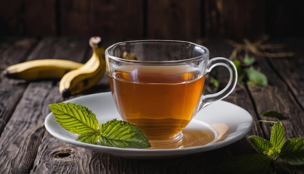 Una taza de té con una hoja verde en un plato