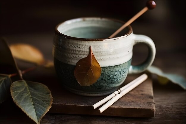 Una taza de té con una hoja