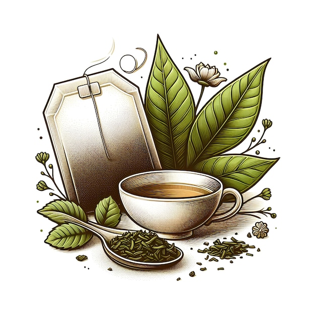taza de té con hojas y bolsa de té sobre fondo blanco