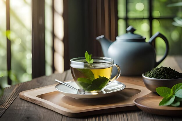 una taza de té con hojas de menta en una bandeja de madera