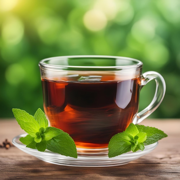 una taza de té con hojas de menta en una mesa de madera