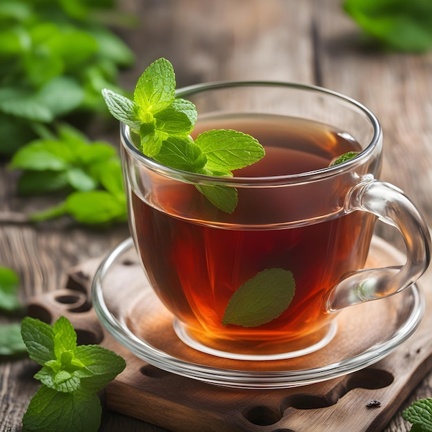 una taza de té con hojas de menta en una mesa de madera