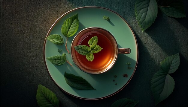 Una taza de té con hojas de menta en un plato verde