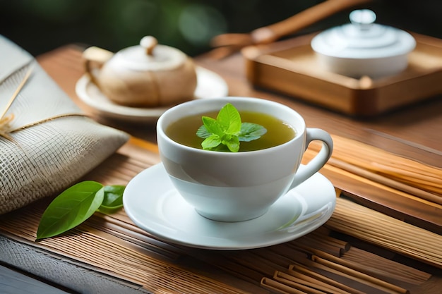 una taza de té con hojas de menta sobre una mesa