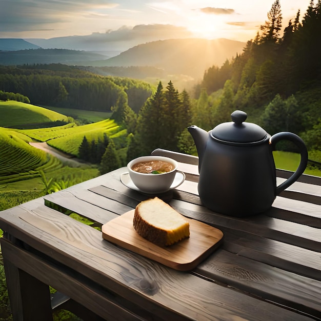 Una taza de té con hojas en una mesa de madera