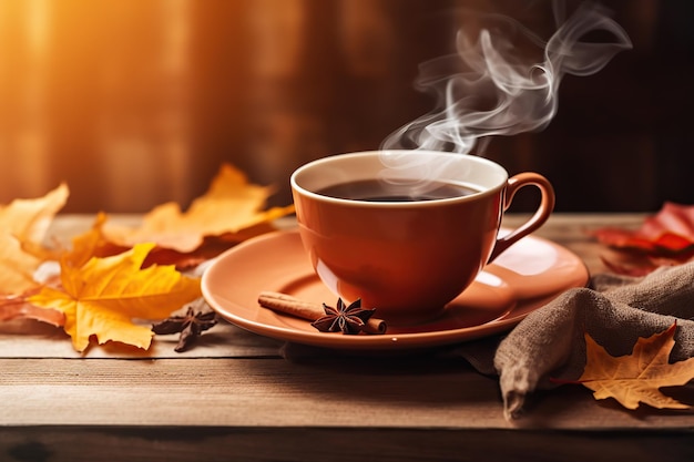 Taza de té con hojas de otoño y canela IA generativa