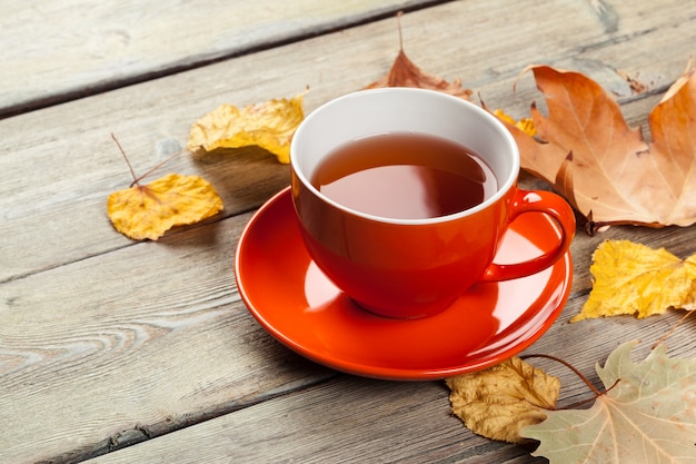 Taza de té y hojas de otoño sobre la mesa
