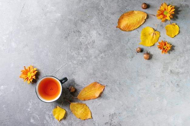 Taza de té con hojas de otoño