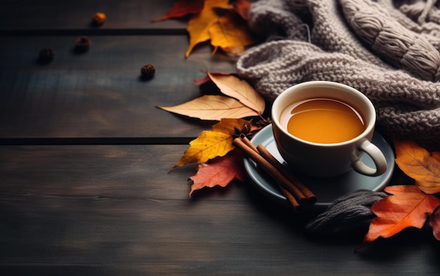 una taza de té con hojas de otoño
