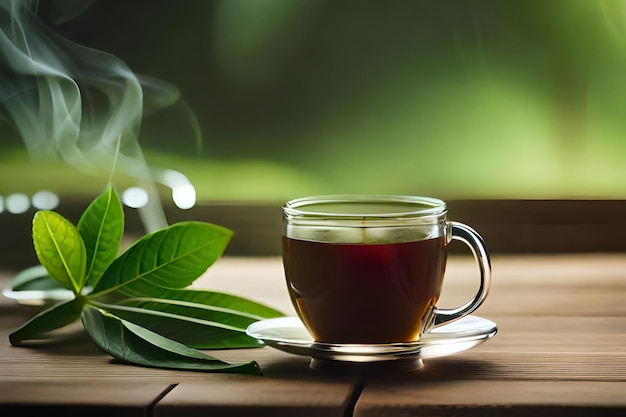 una taza de té con hojas sobre una mesa de madera.