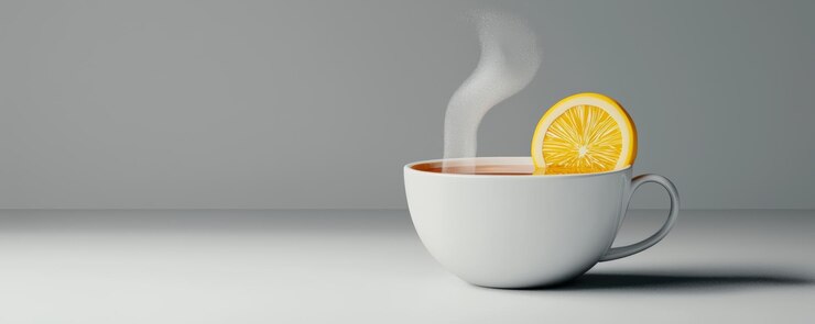 Una taza de té humeante con una rebanada de limón colocada en el borde perfecta para un momento acogedor y acogedor