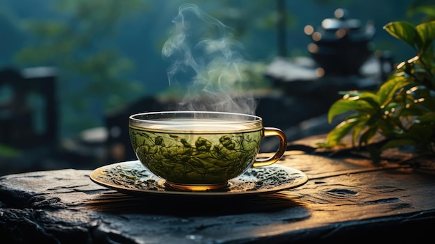 taza de té Humo de vapor que sale de una taza de té caliente colocada sobre una mesa de piedra con un fondo natural