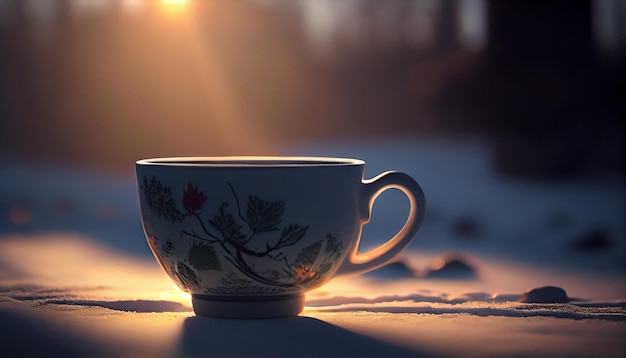 Taza de té en el invierno forestgenerative ai