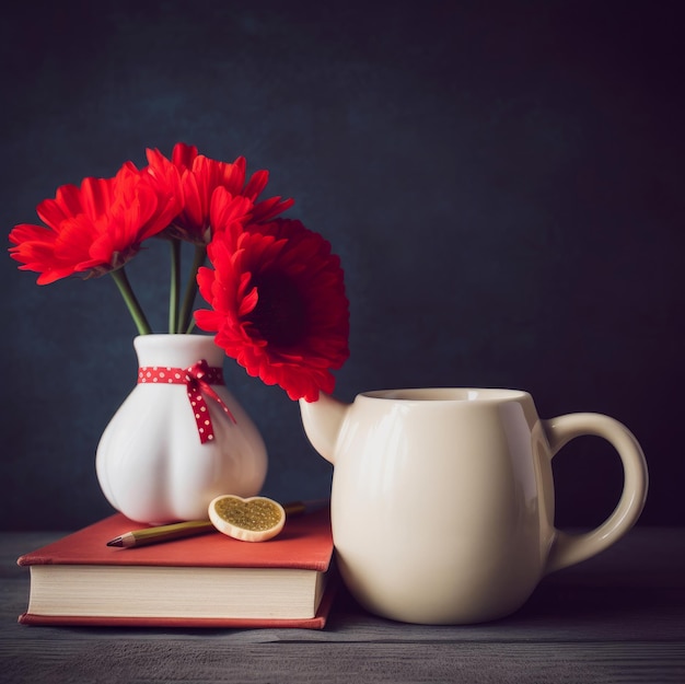 Una taza de té y un jarrón de flores rojas están al lado de un libro Día del maestro