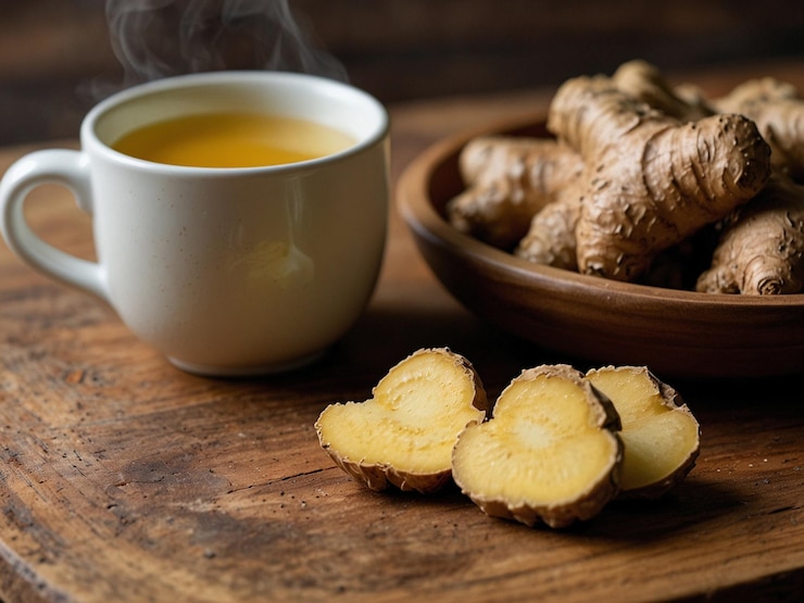 Una taza de té de jengibre caliente en una mesa de madera