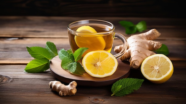 Taza de té de jengibre con limón y menta en una mesa de madera