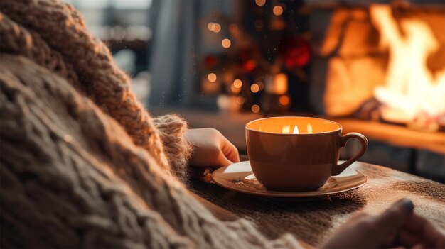 Una taza de té junto a una acogedora chimenea Paz