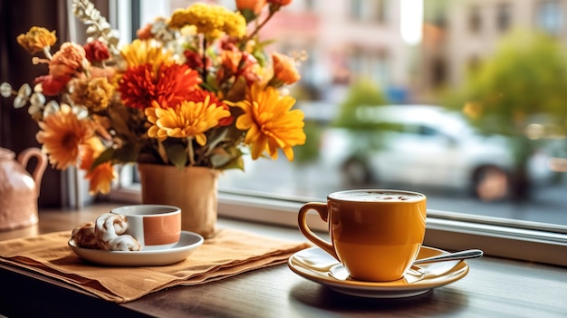 Una taza de té junto al alféizar de la ventana.