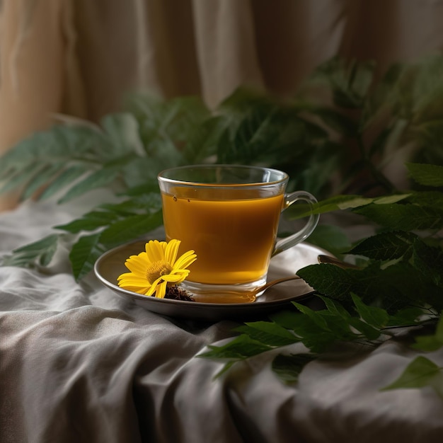 Una taza de té junto al alféizar de la ventana.