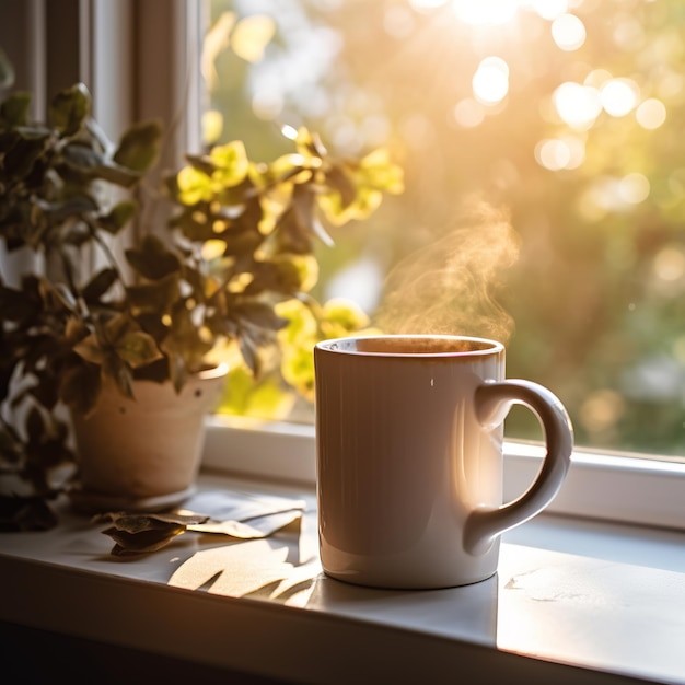 Una taza de té junto al alféizar de la ventana.