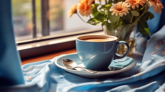 Una taza de té junto al alféizar de la ventana.