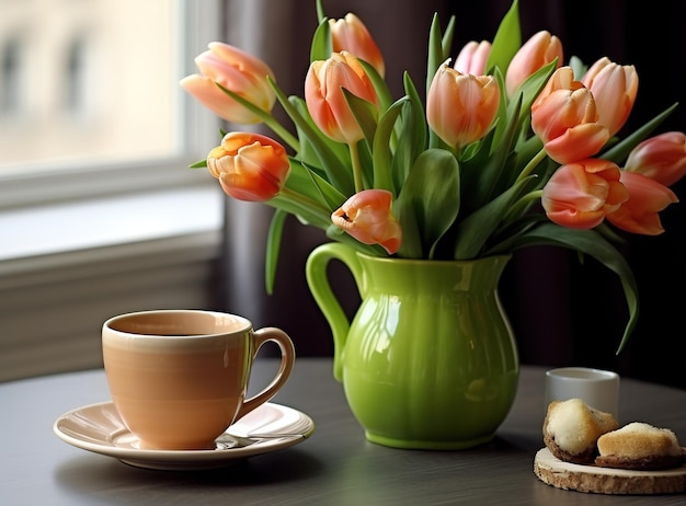 Una taza de té junto al alféizar de la ventana.