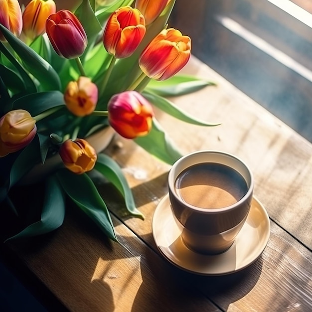 Una taza de té junto al alféizar de la ventana.