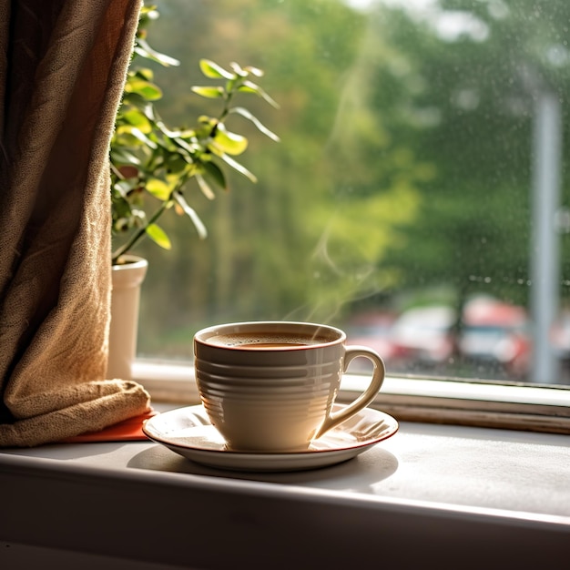 Una taza de té junto al alféizar de la ventana.