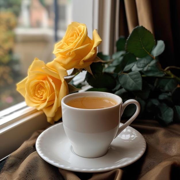 Una taza de té junto al alféizar de la ventana.