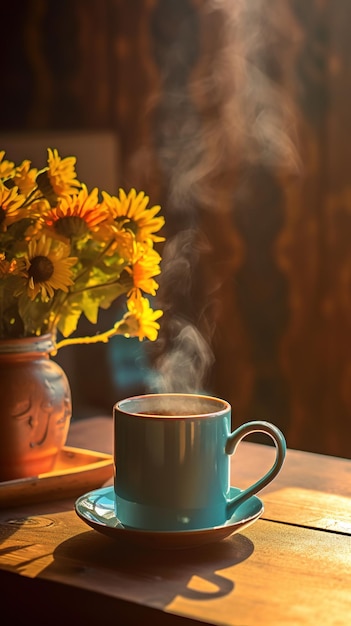 Una taza de té junto al alféizar de la ventana.