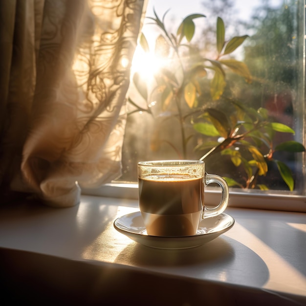 Una taza de té junto al alféizar de la ventana.