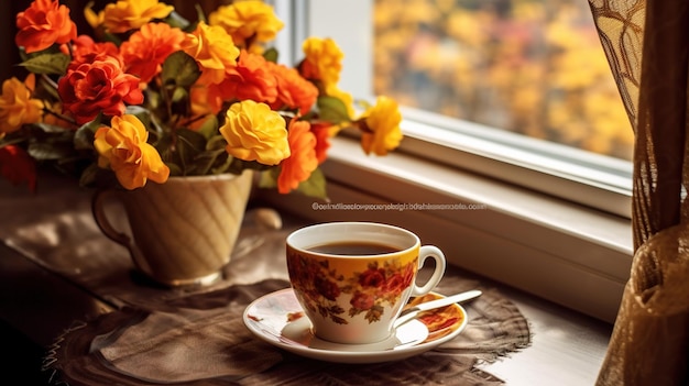 Una taza de té junto al alféizar de la ventana.