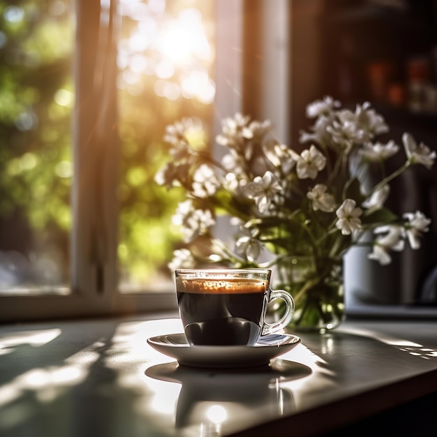 Una taza de té junto al alféizar de la ventana.