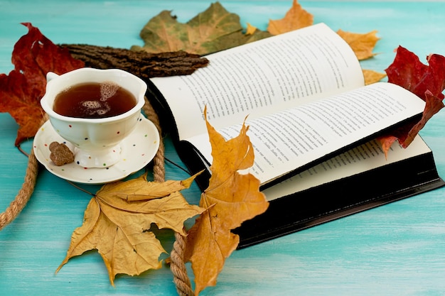 Taza de té junto al libro en las hojas de otoñoEducación y comodidad