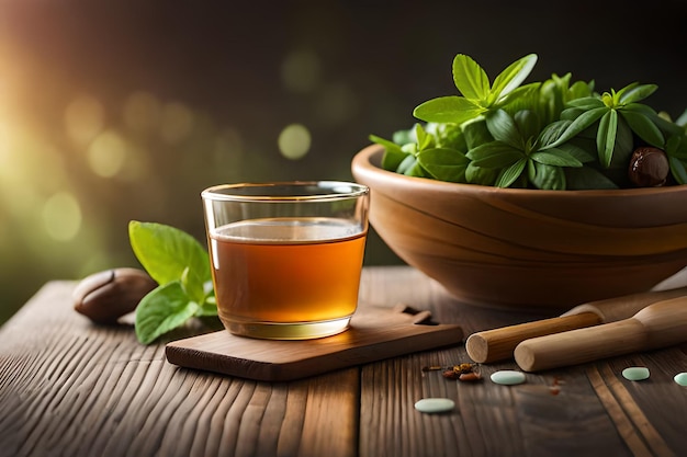 Una taza de té junto a un cuenco de hojas de menta