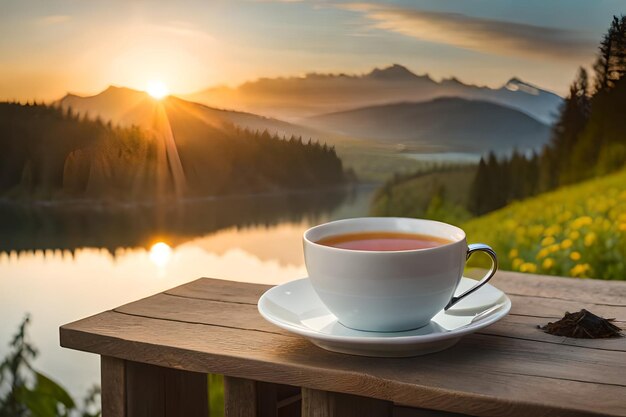 una taza de té y un lago al fondo