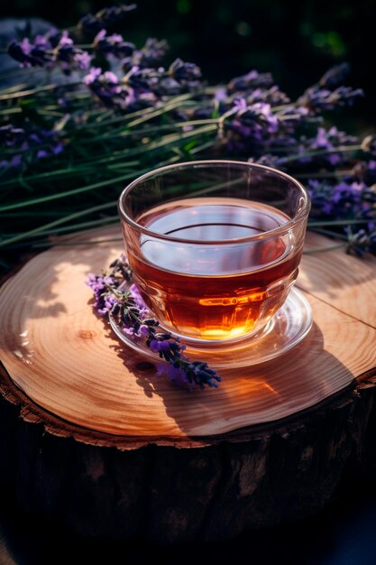 Una taza de té de lavanda saludable y flores de lavanda en un tronco de madera