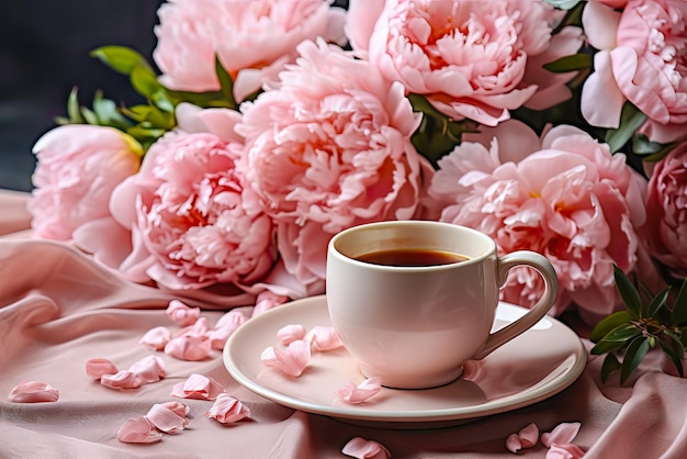 Taza de té con leche en la mesa con ramo de delicadas peonías closeup Tarjeta de flores generada por IA