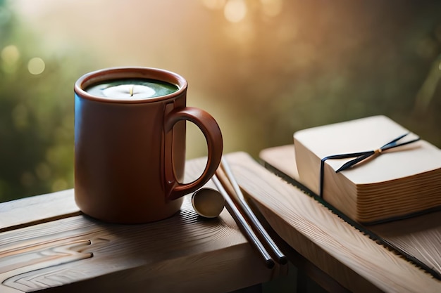 una taza de té y un libro en una mesa con las palabras " té " en él.