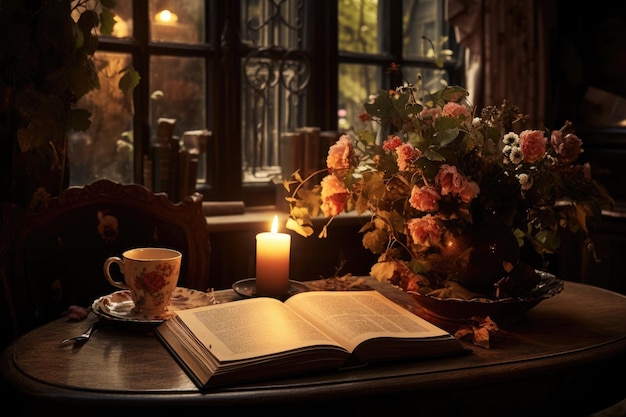 Una taza de té y un libro sobre una mesa con una vela al fondo.